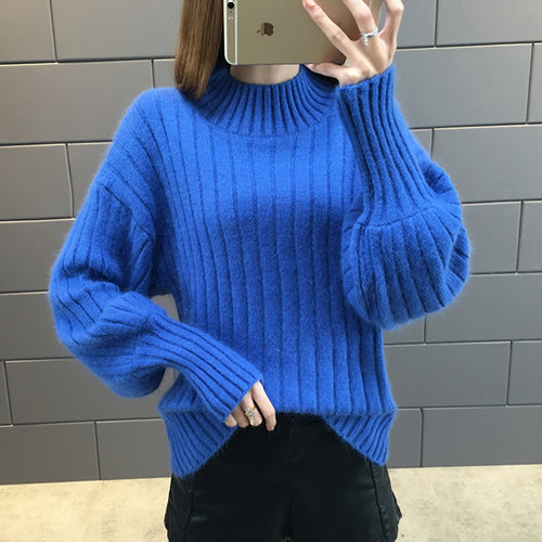 Lantern sleeve turtleneck knitted sweater