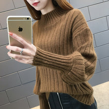 Load image into Gallery viewer, Lantern sleeve turtleneck knitted sweater