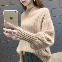 Load image into Gallery viewer, Lantern sleeve turtleneck knitted sweater