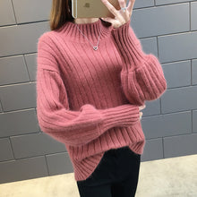 Load image into Gallery viewer, Lantern sleeve turtleneck knitted sweater