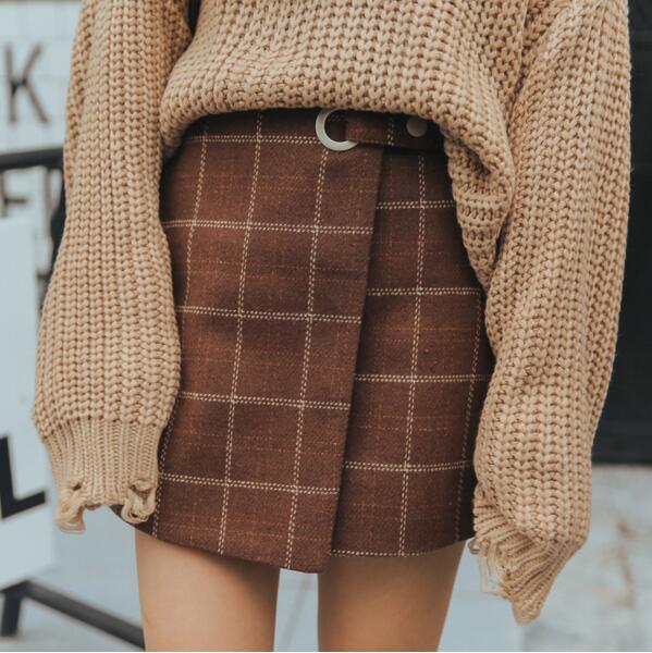 Thickened wool plaid retro skirt