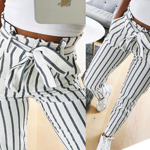Load image into Gallery viewer, Striped bow tie drawstring sweet elastic mid waist trousers