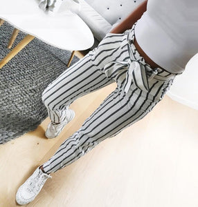 Striped bow tie drawstring sweet elastic mid waist trousers