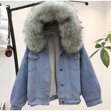 Load image into Gallery viewer, Faux fur hooded denim jacket