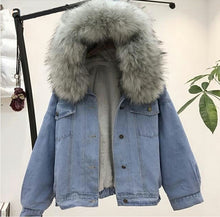 Load image into Gallery viewer, Faux fur hooded denim jacket