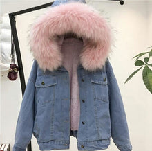 Load image into Gallery viewer, Faux fur hooded denim jacket
