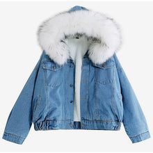 Load image into Gallery viewer, Faux fur hooded denim jacket