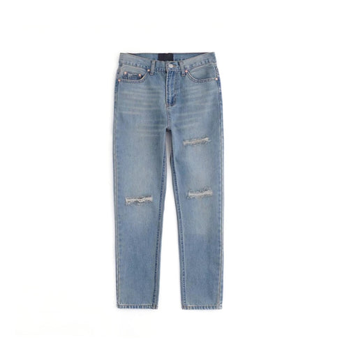 High waist vintage style light blue hole ripped jeans