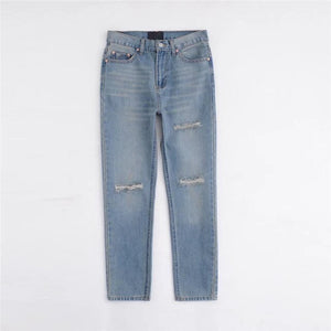 High waist vintage style light blue hole ripped jeans