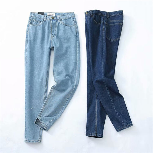 Classic style women's high waist washed light blue real denim pants (Boyfriend)