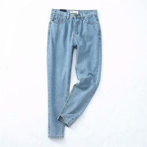 Classic style women's high waist washed light blue real denim pants (Boyfriend)